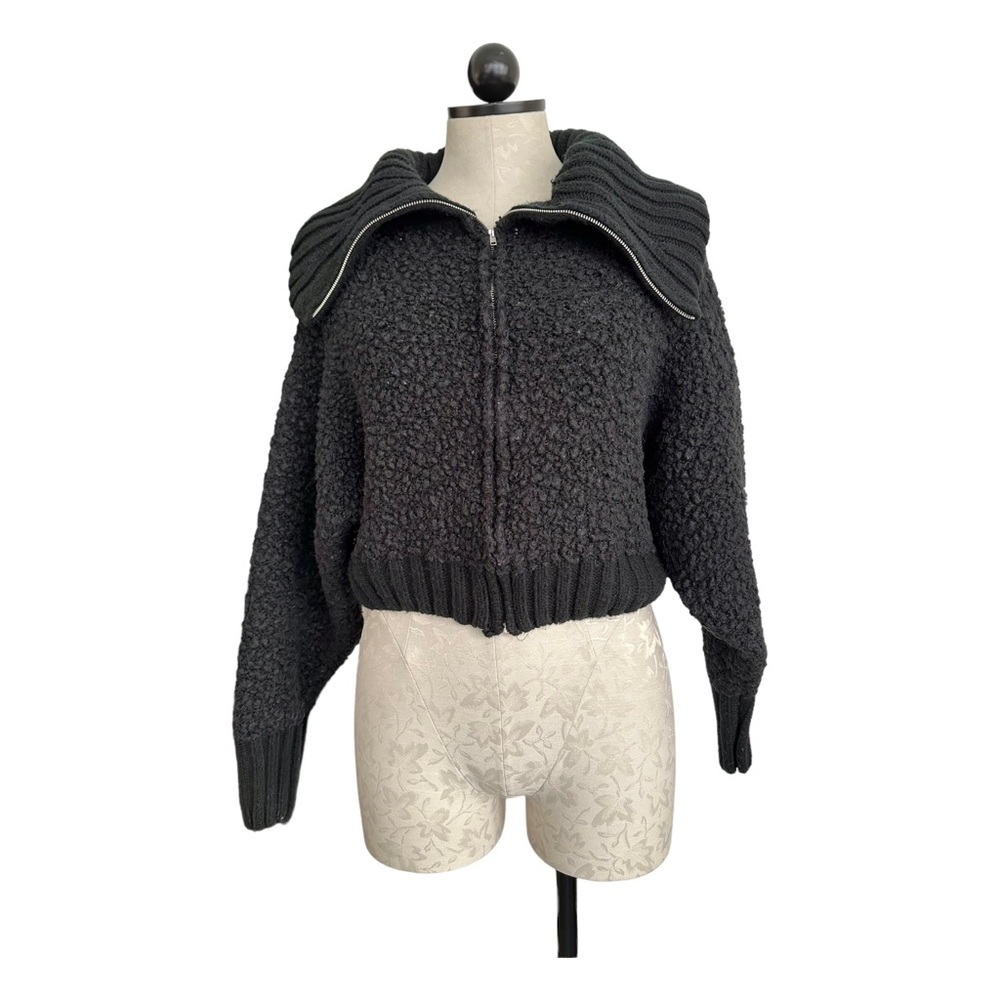 Sage The Label Hillary Black Crop Chunky Zip Up Sweater Cape Collar Size Large - Picture 4 of 16